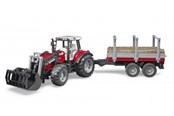 Leketøysbil - Bruder  Massey Ferguson 7480 tractor with frontloader and timber trailer toy - 02046