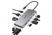 Dokkingstasjon - Aukey Aluminum USB-C Hub | 10 in 1 | RJ45 Ethernet 10/100/1000Mbps | 4xUSB | HDMI 4k@30Hz | SD and microSD | USB-C Power Delivery 100W - CB-C89