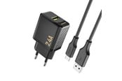 Mobil - Adaptere og ladere - Dudao A23TEU 2.4A GaN USB-A wall charger with USB-A cable - USB-C - black - 6976625334018