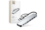 USB-hub - Tech-Protect HB06 HUB Adapter 8in1 TYPE-C + USB2.0 + USB3.0 + SD/TF + AV3.5 - Grey USB-hub - USB 2.0 - 8 porter - Grå - 5906302360550