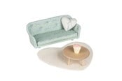 Dukker, Bamser & Utstyr - Micki Lundby stue-sett med mintgrønn sofa, bord, hjerteformet pute, teppe og plantepotte (Alder 3+). - 18372