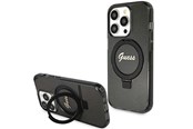 Mobil - Deksel og etui - GUESS Ring Stand Script Glitter MagSafe case for iPhone 15 Pro Max - black - 3666339156350
