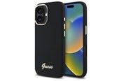 Mobil - Deksel og etui - GUESS Silicone Script Metal Logo & Frame Case for iPhone 16 - Black - 3666339344290