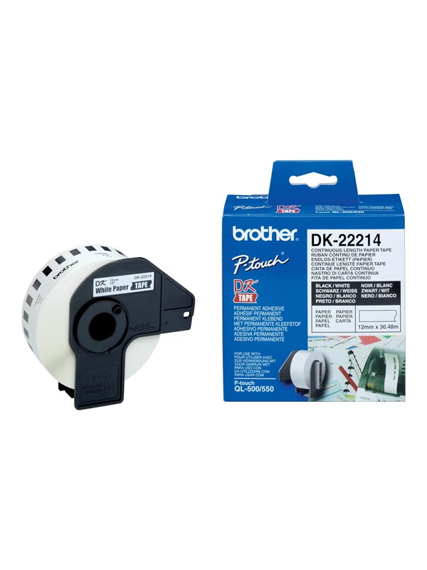Brother DK-22214 Continuous Paper Label Roll - Black on White 12mm wide