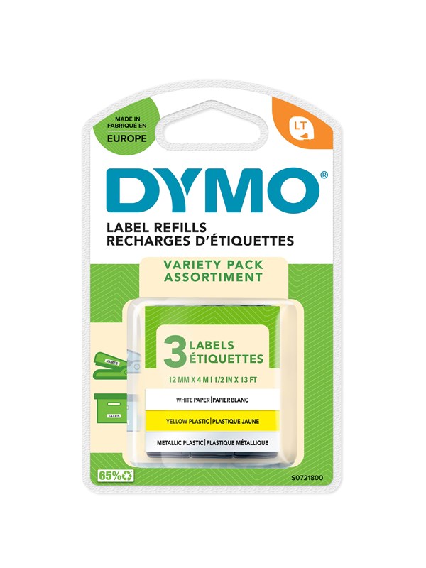DYMO Dymo Letratag tape, 12mm x 4m (3 ruller), sort skrift på gul/sølv/hvit, papir/metallic/plast