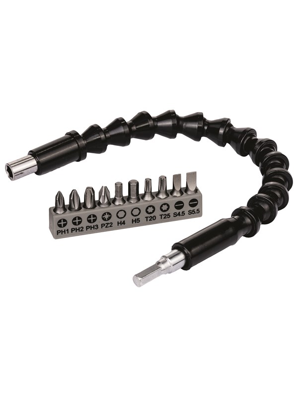 Bosch Fleksibel forlengelse, skrutrekkerbits plast, sett 11 stk. Fleksibel forlengelse plast, 300 mm, sett skrutrekkerbits, PH1, PH2, PH3, PZ2, Hex4, Hex5, T20, T25, SL 0.6x4.5; SL 0.8x5.5