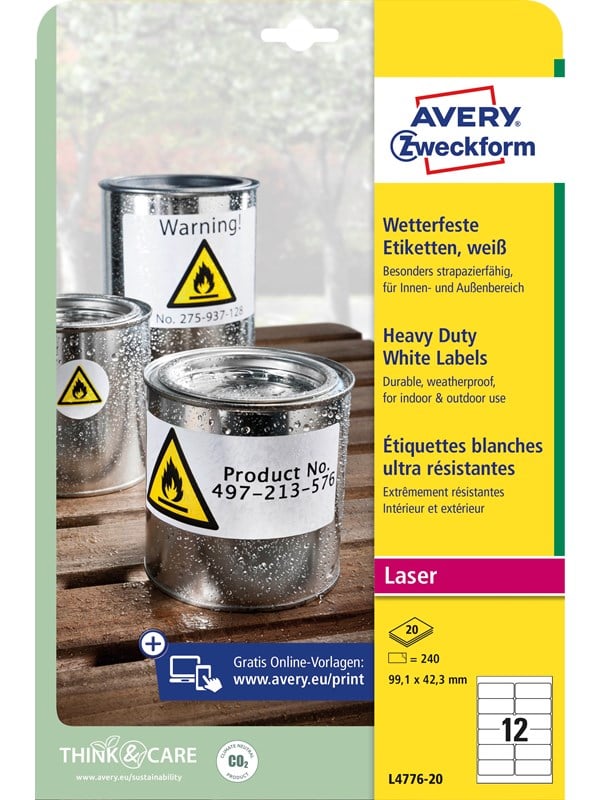Avery Sterke etiketter, hvite , Tåler varme, kulde, fukt, utendørsbruk, 99,1 x 42,3 mm, Laser
