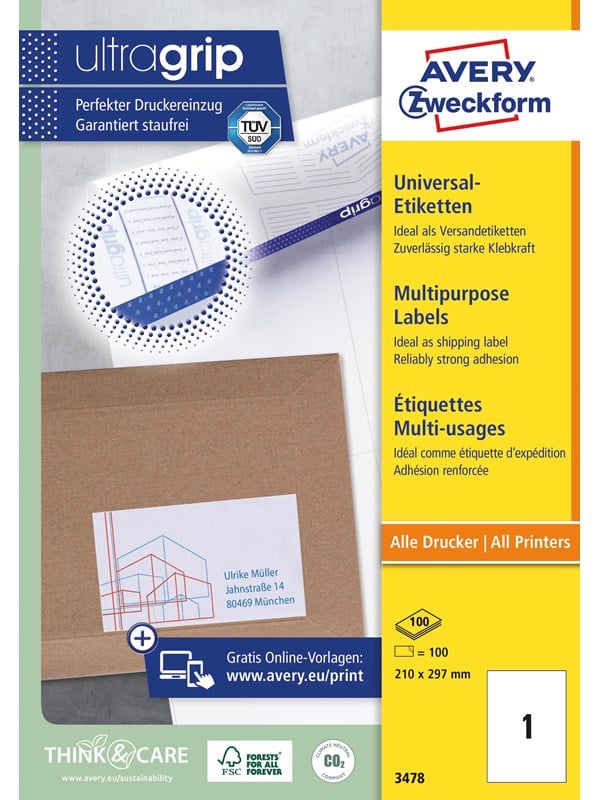 Avery Universaletiketter, 210 x 297 mm, 100 Etiketter, Hvit