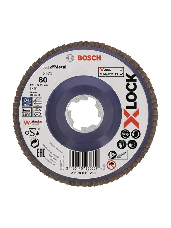Bosch X-LOCK-lamellslipeskiver, rett modell, plastplate, Ø125 mm, G 80, X571, Best for Metal, 1 stk. D= 125 mm, G= 80, rett