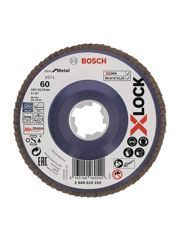 Bosch X-LOCK-lamellslipeskiver, rett modell, plastplate, Ø125 mm, G 60, X571, Best for Metal, 1 stk. D= 125 mm, G= 60, rett
