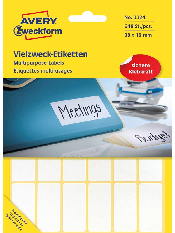 Avery Universaletiketter, 38 x 18 mm, 648 Etiketter, Hvit