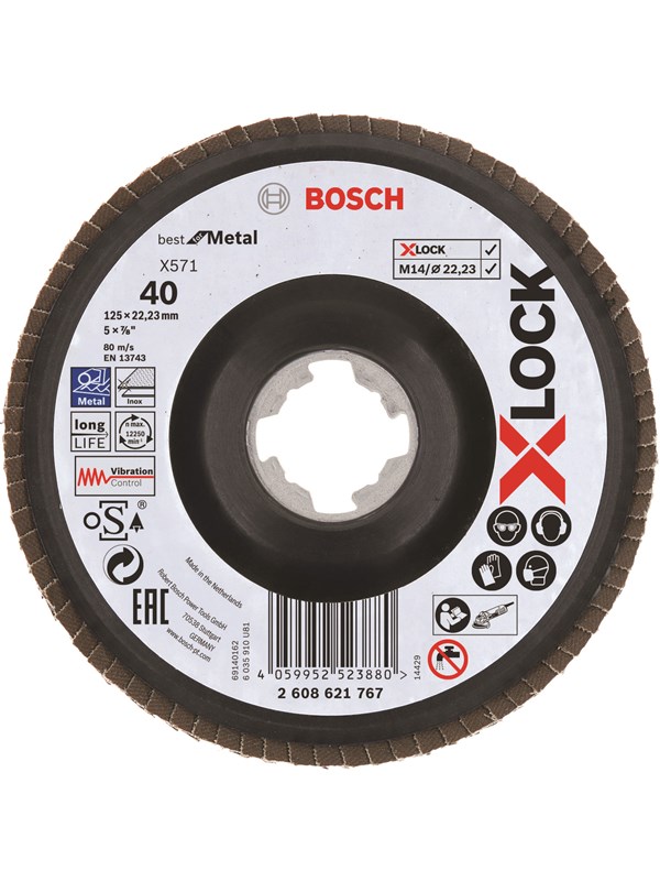 Bosch X-LOCK-lamellslipeskiver, vinklet modell, plastplate, Ø125 mm, G 40, X571, Best for Metal, 1 stk. D= 125 mm, G= 40, vinklet
