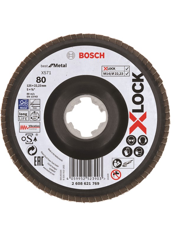 Bosch X-LOCK-lamellslipeskiver, vinklet modell, plastplate, Ø125 mm, G 80, X571, Best for Metal, 1 stk. D= 125 mm, G= 80, vinklet