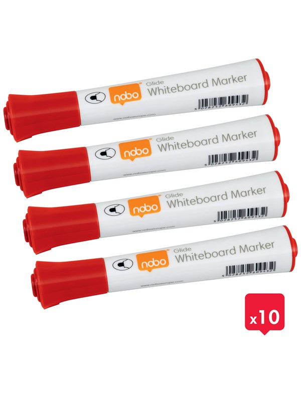 Nobo Glide whiteboardpenner, rund tupp, pakke med 10 stk. Rød