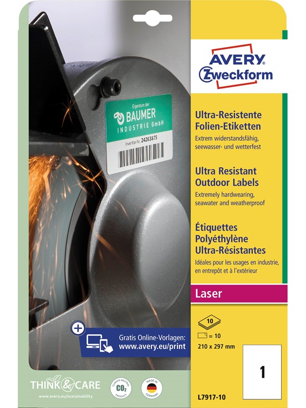 Avery Ultra Resistant Outdoor-etiketter, 210 x 297 mm, 10 Etiketter, Hvit