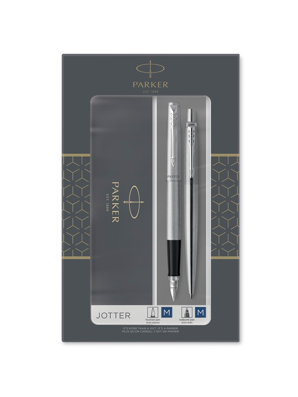 Parker Jotter Duo Gift Set with Ballpoint Pen & Fountain Pen | Stainless Steel with Chrome Trim | Blue Ink Refill & Cartridges | Gift Box