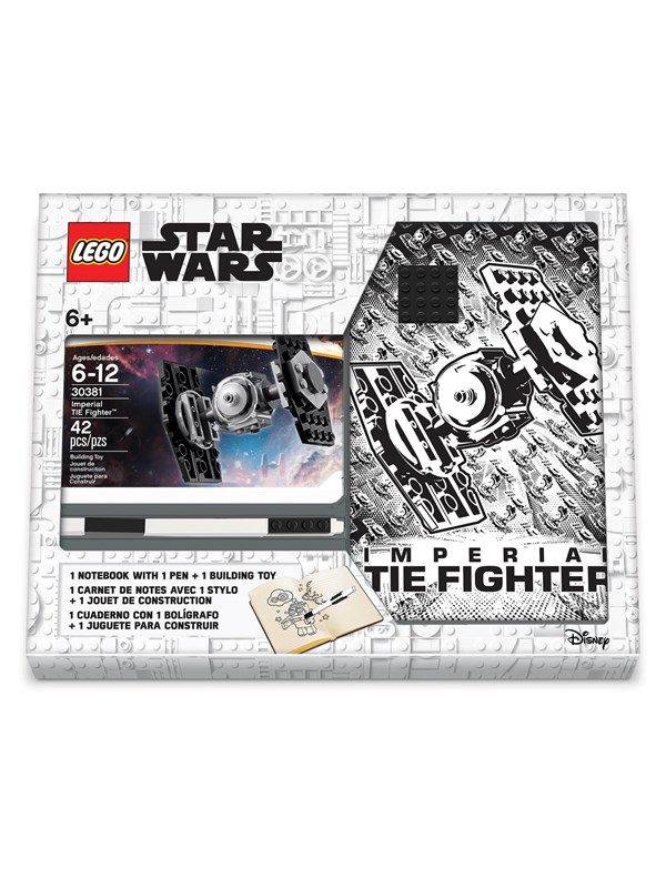 LEGO Star Wars notatbok med 4X4 svart kloss, 1 penn og mini -sett Tie Fighter.