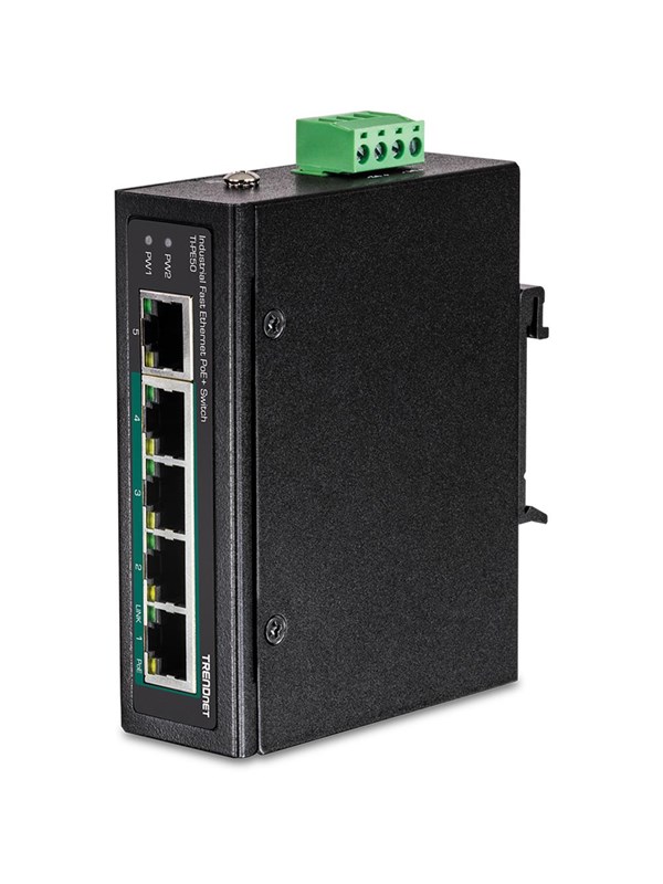 TRENDnet TI-PE50 5-Port Industrial Fast Ethernet PoE+ DIN-Rail Switch