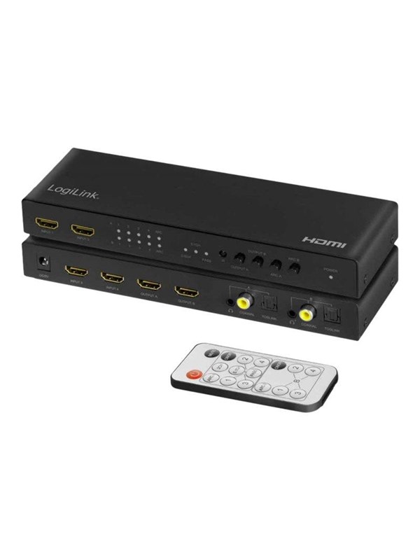 LogiLink HDMI switch 4x2-Port matrix 4K/60 Hz HDR ARC extract scaler RC
