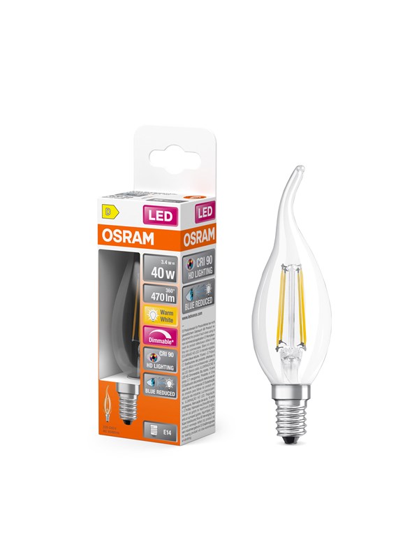 Osram LED-lyspære LED Comfort candle vindstød filament 470lm 3.4W/927 (40W) E14 dimmable E14