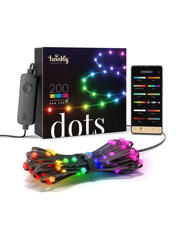 Twinkly Dots - 200 App-kontrollerte RGB LED-lysdioder, 10 m, svart ledning
