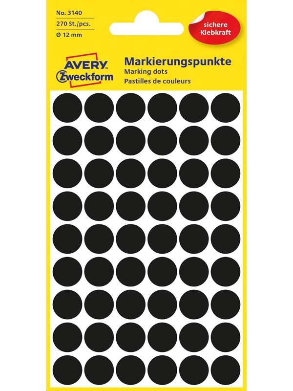 Avery Matriseklistremerker, Ø 12 mm, 270 Etiketter, Svart
