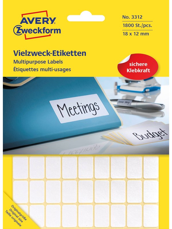 Avery Universaletiketter, 18 x 12 mm, 1.800 Etiketter, Hvit