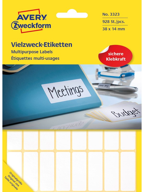 Avery Universaletiketter, 38 x 14 mm, 928 Etiketter, Hvit