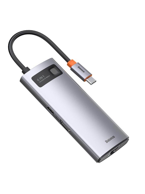 Baseus Hub 6in1 Metal Gleam Series USB-C to 3x USB 3.0 + HDMI + USB-C PD + Ethernet RJ45 USB-hub - USB 3.0 - 6 porter - Grå