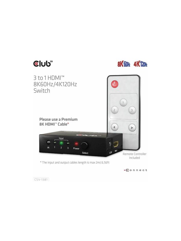 Club 3D CSV-1381 - video/audio switch - 3-to-1 8K 60 Hz/4K 120 Hz - 4 ports