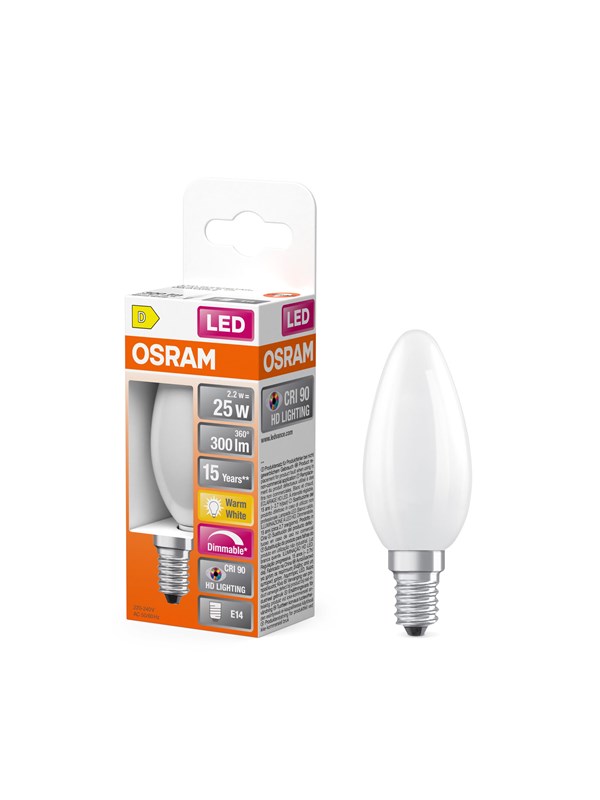 Osram LED-lyspære LED Comfort candle frosted 300lm 2.2W/927 (25W) dimmable E14