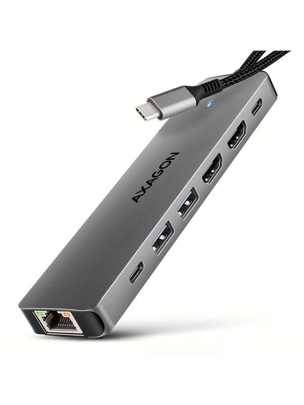AXAGON Dual 4K-skjerm USB-C 5 Gbps 7-i-1 HUB USB-hub - USB 3.2 - 7 porter - Grå