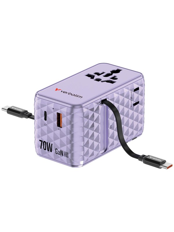 Verbatim Charge 'n' Travel 70W 2C retractable Universal Travel Adapter - Purple
