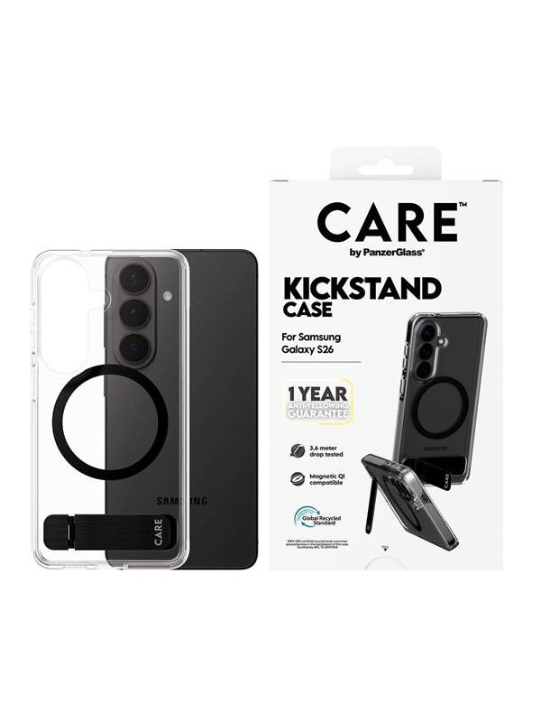 CARE by PanzerGlass Urban Explorer Case Transparent w. Black Kickstand & Qi Samsung Galaxy S26