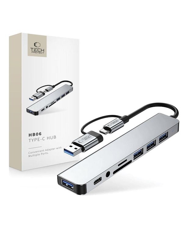 Tech-Protect HB06 HUB Adapter 8in1 TYPE-C + USB2.0 + USB3.0 + SD/TF + AV3.5 - Grey USB-hub - USB 2.0 - 8 porter - Grå
