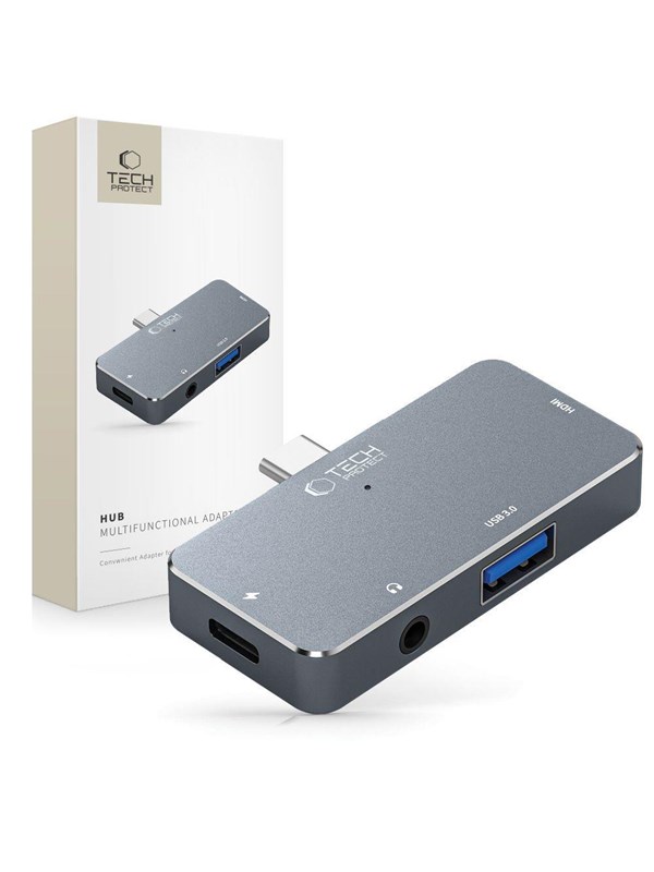 Tech-Protect HUB V6 4in1 USB-C - USB-A 3.0 / USB-C PD100W / HDMI / mini jack 3.5mm - grey USB-hub - USB 3.0 - 4 porter - Grå