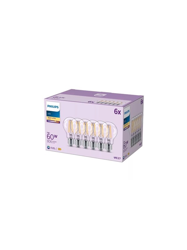 Philips LED-lyspære A60 7W/827 (60W) Clear 6-pack E27