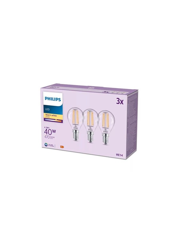 Philips LED-lyspære P45 4,3W/827 (40W) Clear 3-pack E14