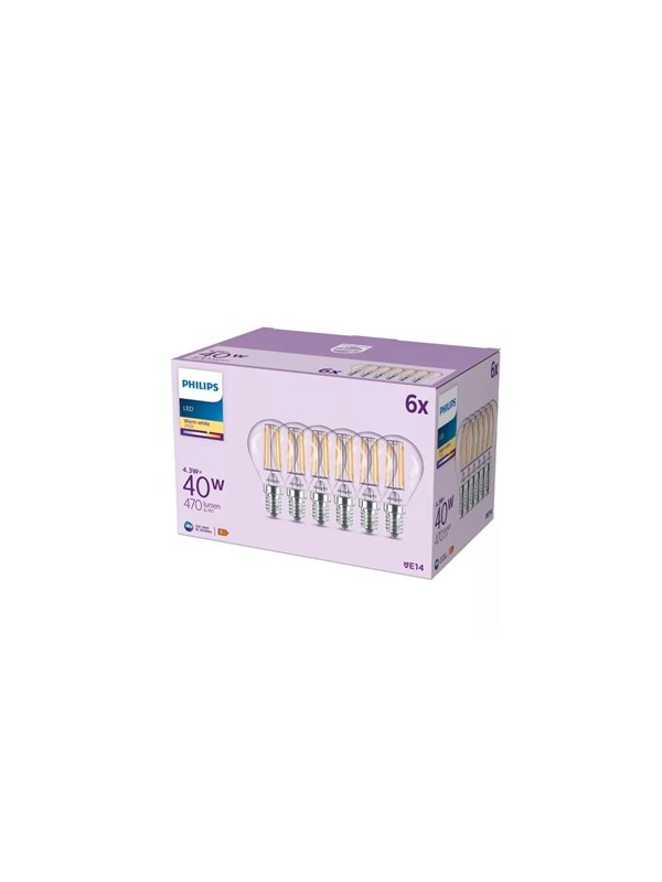 Philips LED-lyspære P45 4,3W/827 (40W) Clear 6-pack E14