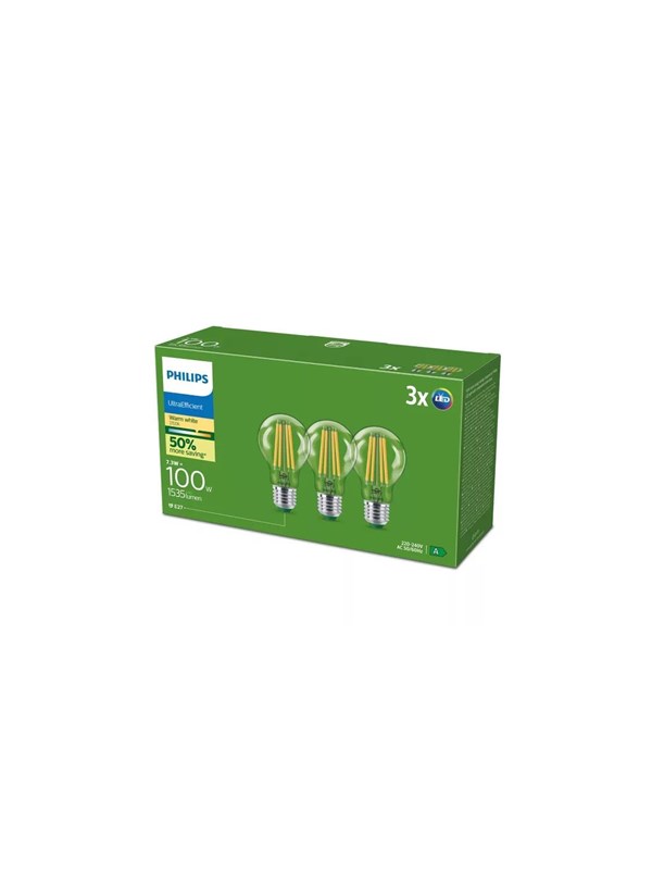 Philips LED-lyspære Ultra Efficient A60 7,3W/827 (100W) Clear 3-pack E27
