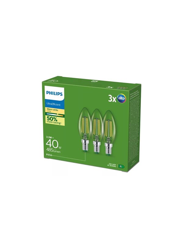 Philips LED-lyspære Ultra Efficient B35 2.3W/827 (40W) Clear 3-pack E14