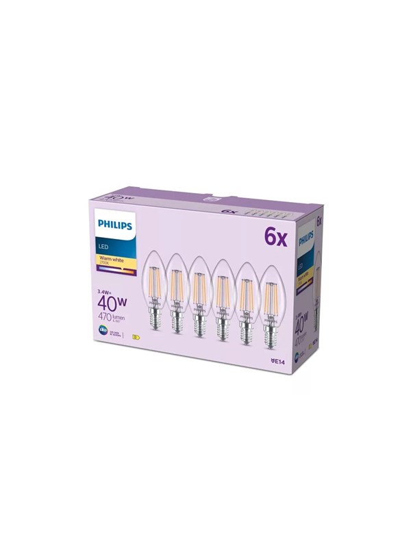 Philips LED-lyspære B35 3,4W/827 (40W) Clear 6-pack E14