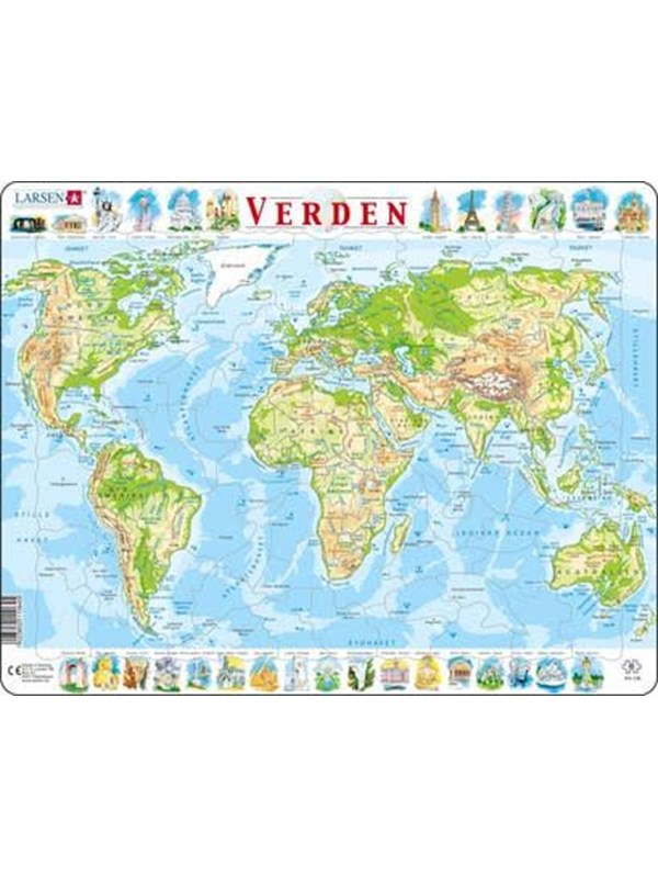Larsen Puzzles Puzzle World Map Physical - 80 pieces Maxi (36.5x28.5 cm) 2D Puslespill