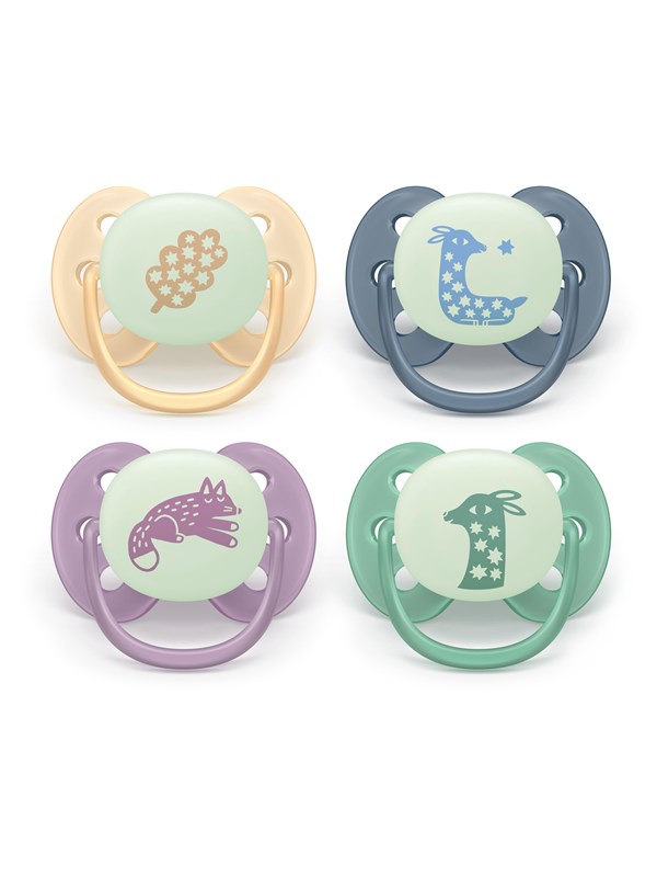 Philips Avent Pacifier ultra soft nighttime 4 pack 6-18 mdr. gul/grå/pink/grøn