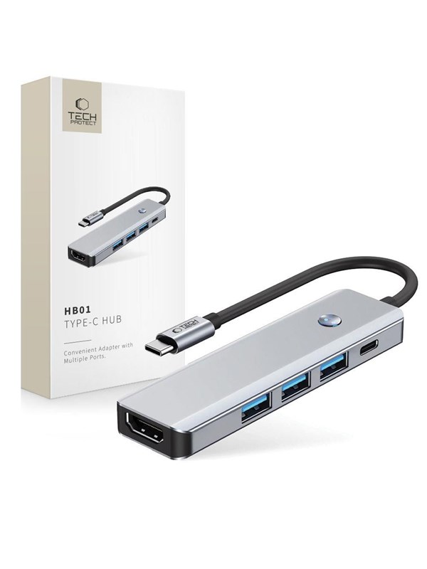 Tech-Protect HB01 HUB Adapter 5in1 USB-C + USB3.0 + HDMI 4K 60Hz + PD100W - Grey USB-hub - USB 3.0 - 5 porter - Grå