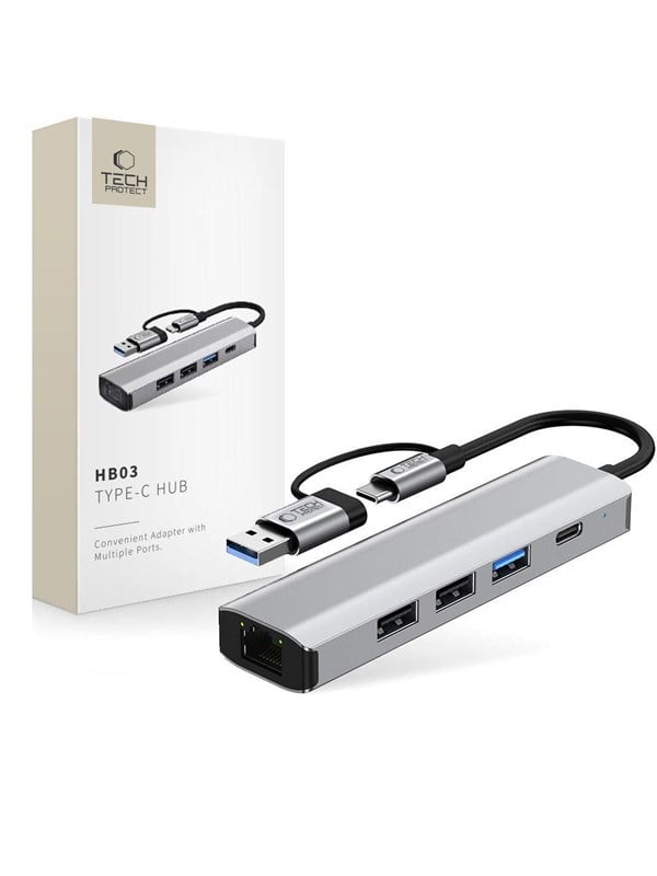 Tech-Protect HB03 HUB Adapter 5in1 USB-C + USB2.0 + USB3.0 + RJ45 - Grey USB-hub - USB 3.0 - 5 porter - Grå