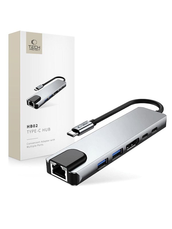 Tech-Protect HB02 HUB Adapter 6in1 USB-C + USB2.0 + USB3.0 + HDMI 4K 30Hz + RJ45 + PD100W - Grey USB-hub - USB 3.0 - 6 porter - Grå