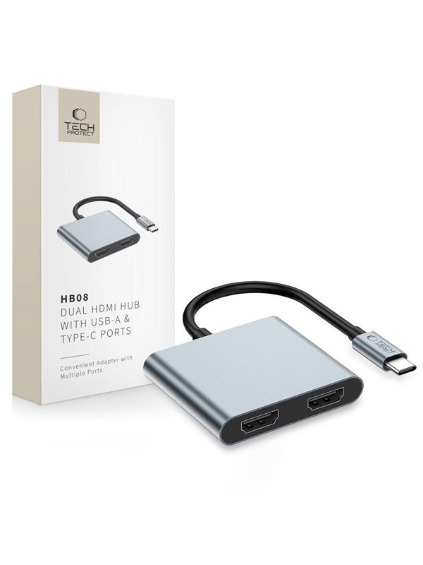 Tech-Protect HB08 4-in-1 USB-C + USB2.0 + 2 x HDMI 4K 60HZ Adapter - Grey USB-hub - USB 2.0 - 2 porter - Grå