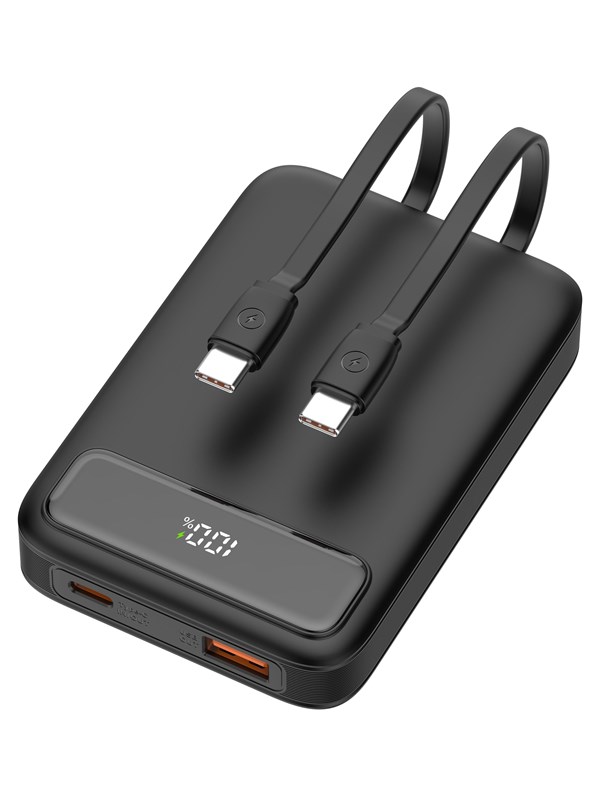 Deltaco PB-CC100 Powerbank | 2x USB-C cables built-in | 1x USB-A & 1x USB-C Ports | PD | Black - 10000 mAh