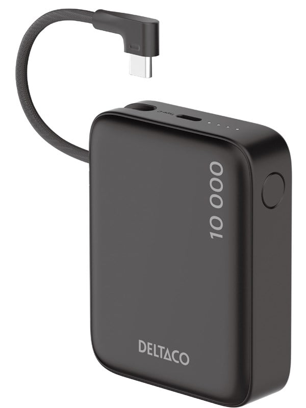 Deltaco PB-CC101 Powerbank | Built-in fabric USB-C cable 20W + 1x USB-C Port | Black - 10000 mAh